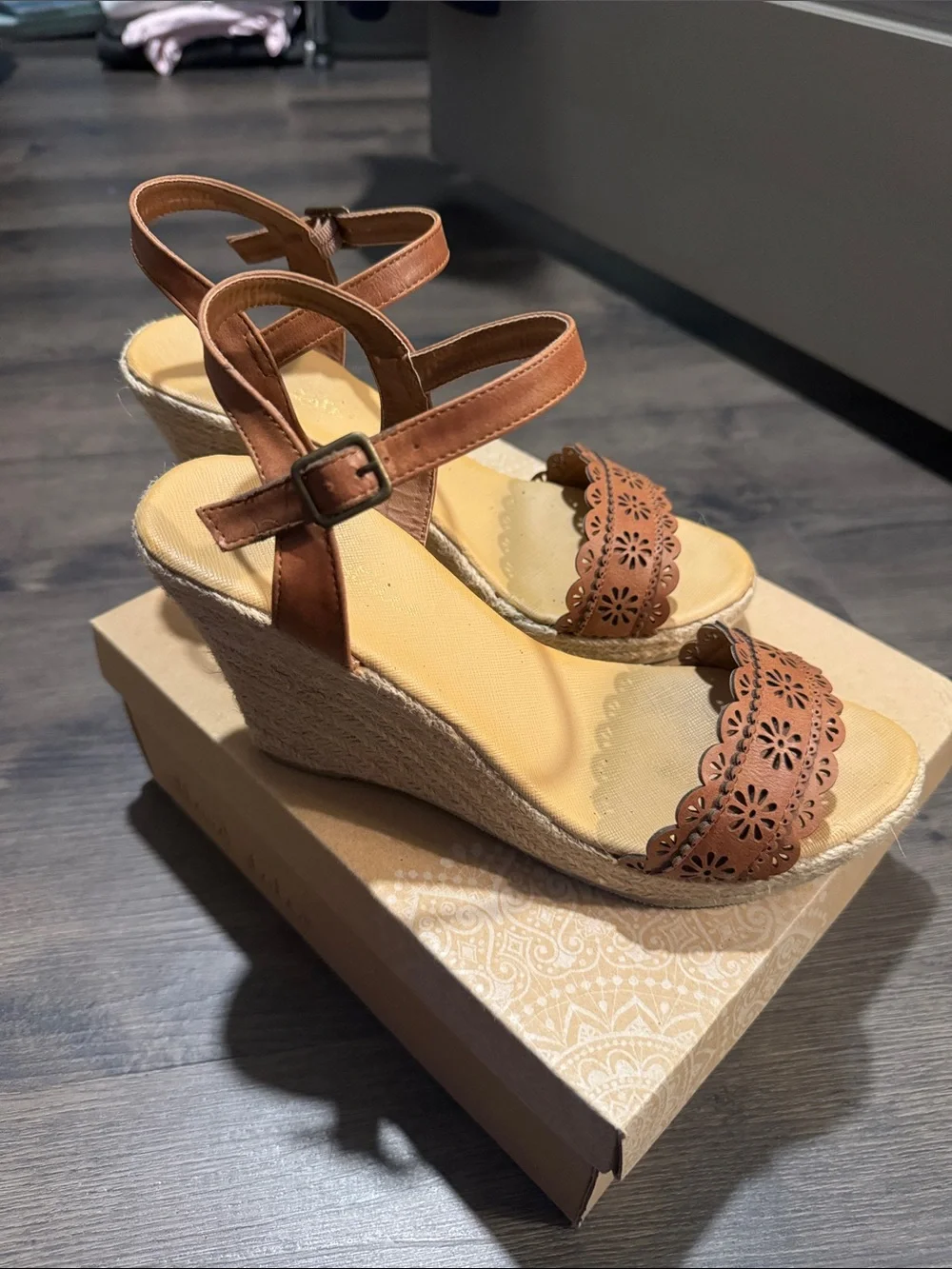 Altar'd State Tan Brown Floral Laser-Cut Espadrille Wedges